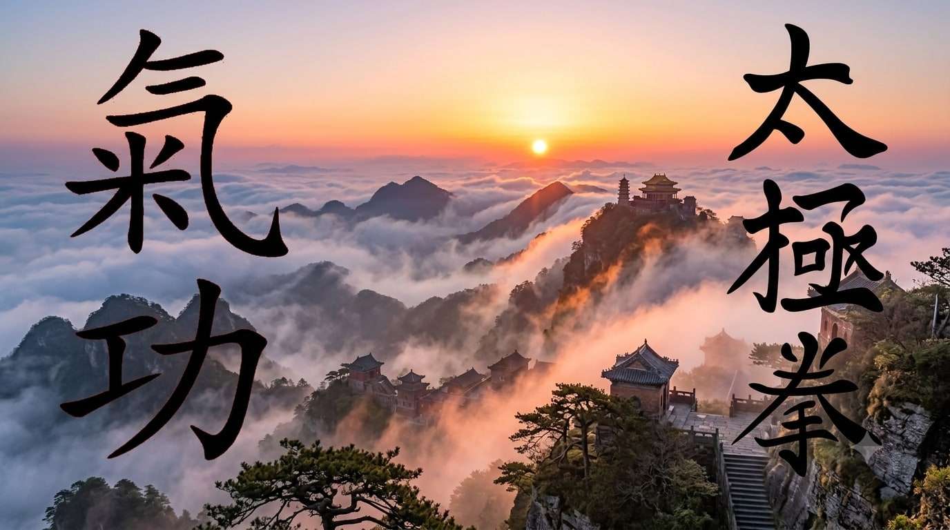 Lever de soleil sur un temple taoïste dans les montagnes, calligraphie Qi Gong et Tai Chi Chuan